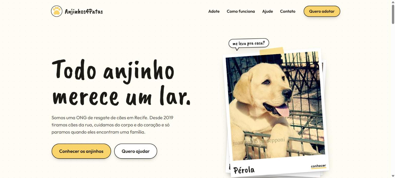 Página inicial do site Anjinhos4Patas